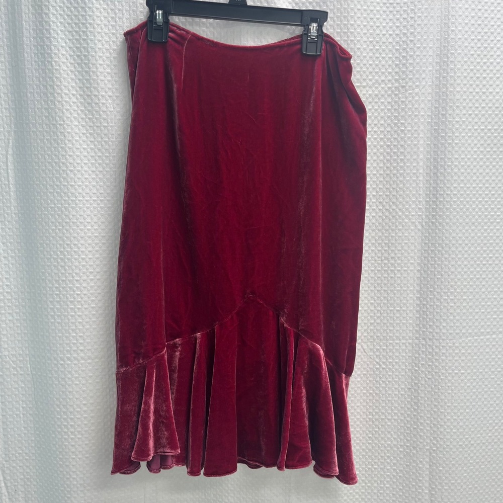 Rickie Freeman Teri Jon Burgundy Silk Blend Velvet Flounce Midi Skirt Size 6